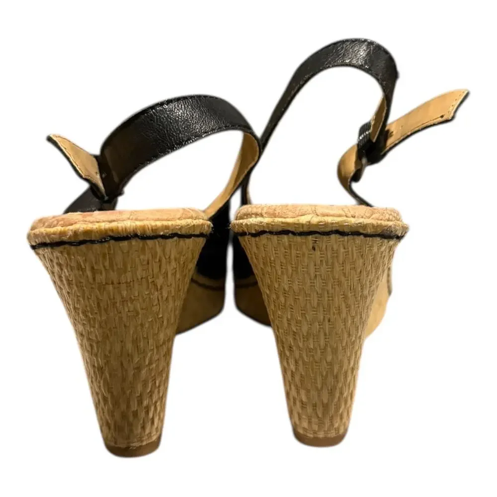 BOC Born Women’s Size 9 Black Leather Flower Open Toe Slingback Wedge Sandal